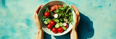 A fresh and vibrant salad of tomatoes, greens, cucumbers, radishes, and mozzarella, gently held by a girl hands against a plain wall backdropの素材