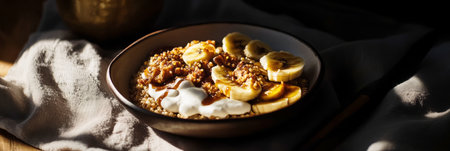 A quinoa bowl with caramelized banana and Greek yogurt, bathed in dramatic lighting, sharp shadows emphasizing the textures, a healthy breakfast idea that blends flavor and visual appeal, bannerの素材