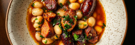 A warm and hearty Fabada stew, featuring smoky chorizo, tender beans, morcilla, and rich broth, with crusty bread on the side for dipping, traditional Spanish dish, bannerの素材