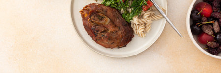 Delight in a hearty breakfast or lunch with tender turkey, gluten-free pasta, and a refreshing salad of seasonal vegetables and herbs, rounded off with sweet, ripe fruits for a complete meal, bannerの写真素材