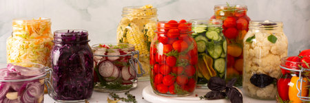 Fresh vegetables cabbage, tomatoes, cucumbers and radishes, onions, corn, peppers and cauliflower, fermenting naturally to boost health and preserve nutrients, bannerの写真素材