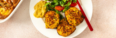 This nutritious breakfast features savory zucchini pancakes with fresh lettuce and tomatoes, making for a wholesome meal bannerの写真素材