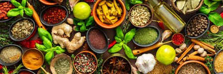 A visually striking arrangement of fresh spices and herbs on a brown surface, highlighting their vivid colors, intricate details and rich culinary essence, bannerの写真素材