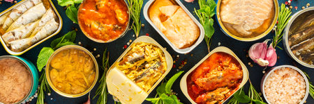 A top view of open tin cans with canned salmon, mackerel, sprat, sardine, tuna, herring, and fish pate, surrounded by spices and herbs on a blue background, bannerの写真素材
