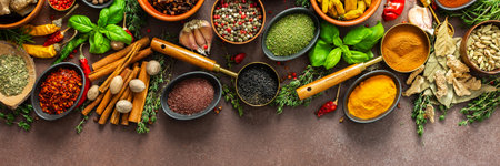 An elegant arrangement of spices and herbs in vivid colors, set against a brown surface, highlighting their aromatic richness visual diversity, bannerの写真素材