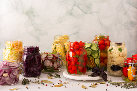 A variety of fresh vegetables cabbage and tomatoes, cucumbers and radishes, onions, corn, peppers and cauliflower, undergoing fermentation for a nutritious and probiotic-rich food sourceの写真素材