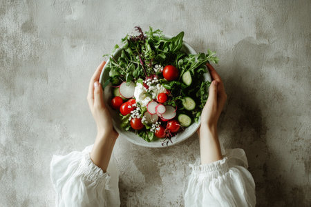 A girl's hands holding a bowl of fresh salad with tomatoes, greens, cucumbers, radishes, and mozzarella, set against a simple plain wallの素材