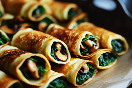 Mini crepes filled with crispy fried mushrooms, fresh spinach, and creamy cashew spread. A light, gourmet dish with a rich, nutty flavor, perfect for any mealの素材