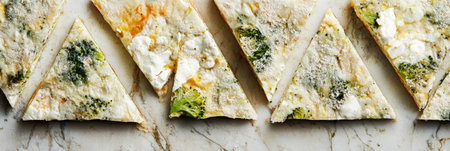 A rustic frittata with fluffy eggs, broccoli, and melted goat cheese, topped with a delicate layer of Parmesan. The natural wood surface and diffused light create a cozy, homemade feel, bannerの素材