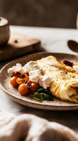 Rustic rolled omelette with feta, spinach, and sun-dried tomatoes, set in a cozy scene with diffused light, emphasizing natural textures and flavorsの素材