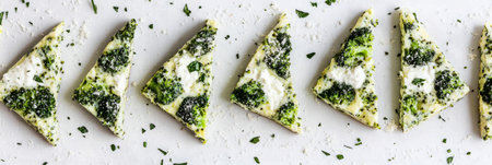 A rustic frittata with fluffy eggs, broccoli, and melted goat cheese, topped with a delicate layer of Parmesan. The natural wood surface and diffused light create a cozy, homemade feel, bannerの素材