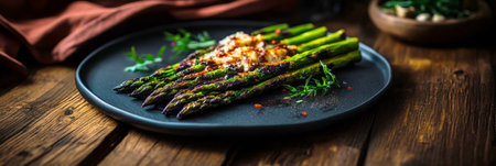 A plate of grilled asparagus garnished with Parmesan cheese and chili flakes, offering a fresh, crisp texture. This savory, healthy side dish brings a smoky, tender bite to any meal or snack. High quality illustrationの素材