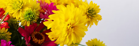 This vibrant bouquet of colorful Zinnia and Rudbeckia Goldquelle flowers brings a cheerful touch to home decor, bannerの写真素材