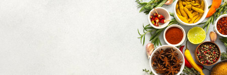 A mix of dried herbs and spices laid out on a gray background, highlighting natural flavors and culinary essentials, top view , copy space, bannerの写真素材