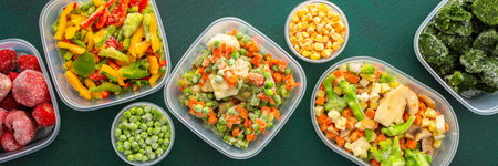 Food in winter, freezing fresh vegetables in summer in the refrigerator, various frozen vegetables in plastic dishes in the middle of the background,banner, background of containers with vegetablesの写真素材