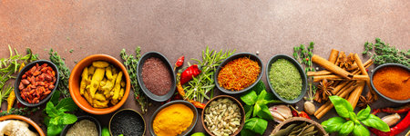 A rich palette of colorful spices and herbs, resting on a brown background, radiating freshness and aroma, perfect for gourmet inspiration, bannerの写真素材
