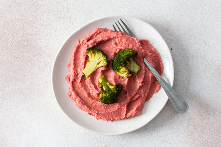 Nutritious and hearty breakfast includes beetroot hummus for a protein-rich, fiber packed mealの写真素材