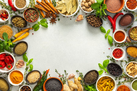 Fresh and colorful spices and herbs arranged in a frame on a gray background, adding natural beauty and culinary charm, top view, copy spaceの写真素材
