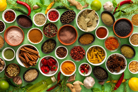 A colorful assortment of fresh, fragrant spices and herbs displayed on a soft green background, capturing a bright culinary essenceの写真素材