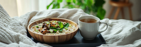 A cozy early morning scene with oatmeal, mushrooms, and mint tea on a dark tray, placed on a white linen bed, with warm sunlight highlighting the peaceful, modern bedroom atmosphere, bannerの素材
