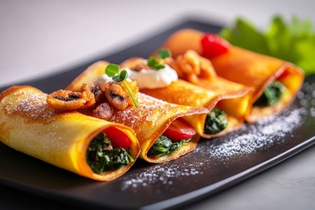 Mini crepes rolled and filled with creamy cashew spread, fresh spinach, and crispy fried mushrooms. A delicate, flavorful dish perfect for brunch or a light mealの素材