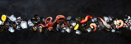 A beautifully arranged seafood platter featuring octopus, shrimp, and mussels on a black concrete background, enhanced by ice pieces and refined lighting for a luxurious, fresh appearance, bannerの素材