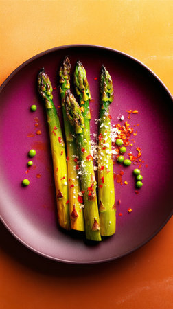 A minimalist oval plate featuring grilled asparagus, topped with Parmesan cheese and chili flakes. The fresh, tender asparagus provides a crunchy texture with a savory, spicy finish, top viewの素材
