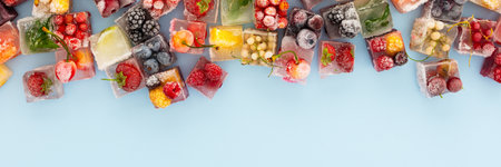 Blue background with ice cubes with frozen berries and fruits and mint, bannerの写真素材