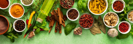 A beautiful collection of colorful spices and herbs, showcasing their natural aromas and vibrant hues on a gentle green background, top view, bannerの写真素材