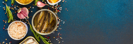 Different open tin cans with canned fish like salmon, mackerel, sprat, sardine, among spices and herbs on a blue background, viewed from the top, bannerの写真素材