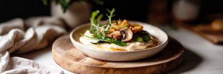 Golden mini crepes stuffed with creamy cashew, crisp spinach, and fried mushrooms are arranged on a rustic tray. Soft lighting enhances the textures, adding warmth and depth, bannerの素材