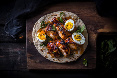 A pita with warm chicken breast, boiled egg, and yogurt dressing, placed on a dark wooden surface, illuminated by moody lighting to create a rustic, intimate atmosphereの素材