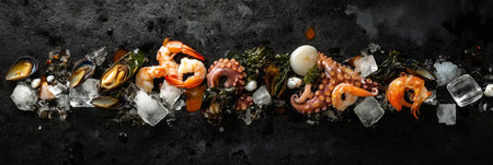A beautifully arranged seafood platter featuring octopus, shrimp, and mussels on a black concrete background, enhanced by ice pieces and refined lighting for a luxurious, fresh appearance, bannerの素材