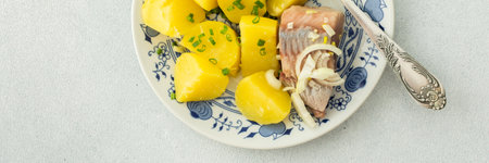 Delicious hearty fish dinners, boiled potatoes with pickled herring, top view, bannerの写真素材