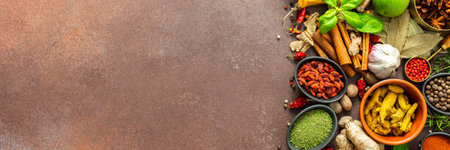 A visually striking arrangement of fresh spices and herbs on a brown surface, highlighting their vivid colors, intricate details and rich culinary essence, bannerの写真素材