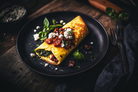 A rolled omelette with feta, spinach, and sun-dried tomatoes on a dark wooden surface, illuminated by moody lighting, creating an intimate, rustic entertaining atmosphereの素材