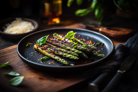 Grilled asparagus topped with Parmesan cheese and chili flakes, served on a plate. A crispy, healthy dish with a smoky, savory flavor, perfect as a side or snack. Full of flavor and freshnessの素材