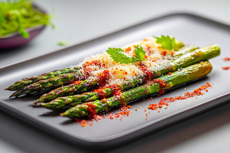 Fresh asparagus grilled to perfection, sprinkled with chili flakes and Parmesan cheese, served on a plate. A crunchy, healthy, and flavorful side dish, ideal for any meal or light lunchの素材