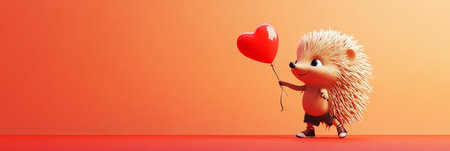 This adorable baby hedgehog, with a red balloon, radiates a cheerful and joyful mood ideal for children stories, set against a soft pastel background, bannerの素材