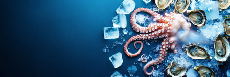 A luxurious seafood platter featuring octopus, shrimp, and oysters on a dark blue backdrop, with scattered ice pieces to accentuate freshness, illuminated with cool, soft lighting, bannerの素材