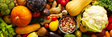A collection of ripe fresh organic seasonal vegetables from an autumn farm harvest, organic local seasonal vegetables, bannerの写真素材