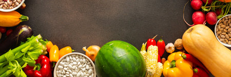 Ripe fresh organic seasonal vegetables from an autumn farm harvest, organic local seasonal vegetables, copy space, bannerの写真素材