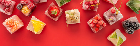Red background with ice cubes with frozen berries and fruits and mint, bannerの写真素材