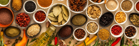 Collection of assorted spices and herbs spread on a beige background, blending exotic aromas to inspire flavorful cooking, bannerの写真素材