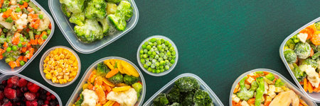 Preparing food for the winter, freezing fresh vegetables in the summer in the refrigerator, various frozen vegetables in plastic dishes on a green background, bannerの写真素材