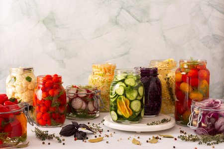Fermentation of fresh cabbage like tomatoes, cucumbers and radishes, onions, corn, peppers and cauliflower, packed with probiotics and nutrition for a healthy dietの写真素材