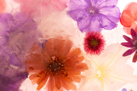 Summer background of frozen flowers in ice, geraniums and petunias, mint and zinniasの写真素材