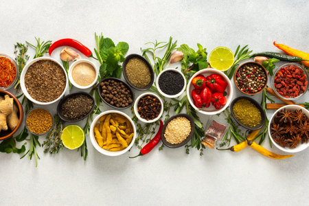 A collection of various spices and herbs on a gray background, perfect for enhancing dishes with flavors and texturesの写真素材