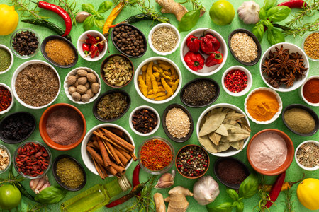 A colorful assortment of fresh, fragrant spices and herbs displayed on a soft green background, capturing a bright culinary essenceの写真素材