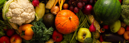 The autumn farm harvest brings fresh, organic vegetables that are ripe, wholesome, and ready to be enjoyed in healthy, farm-to-table meals, organic local seasonal vegetables, bannerの写真素材